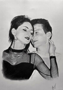 Retrato de pareja por encargo realizado a lápiz y carboncillo