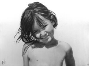 Dibujo realista a lápiz y carboncillo de una niña, retrato infantil expresivo Archivo