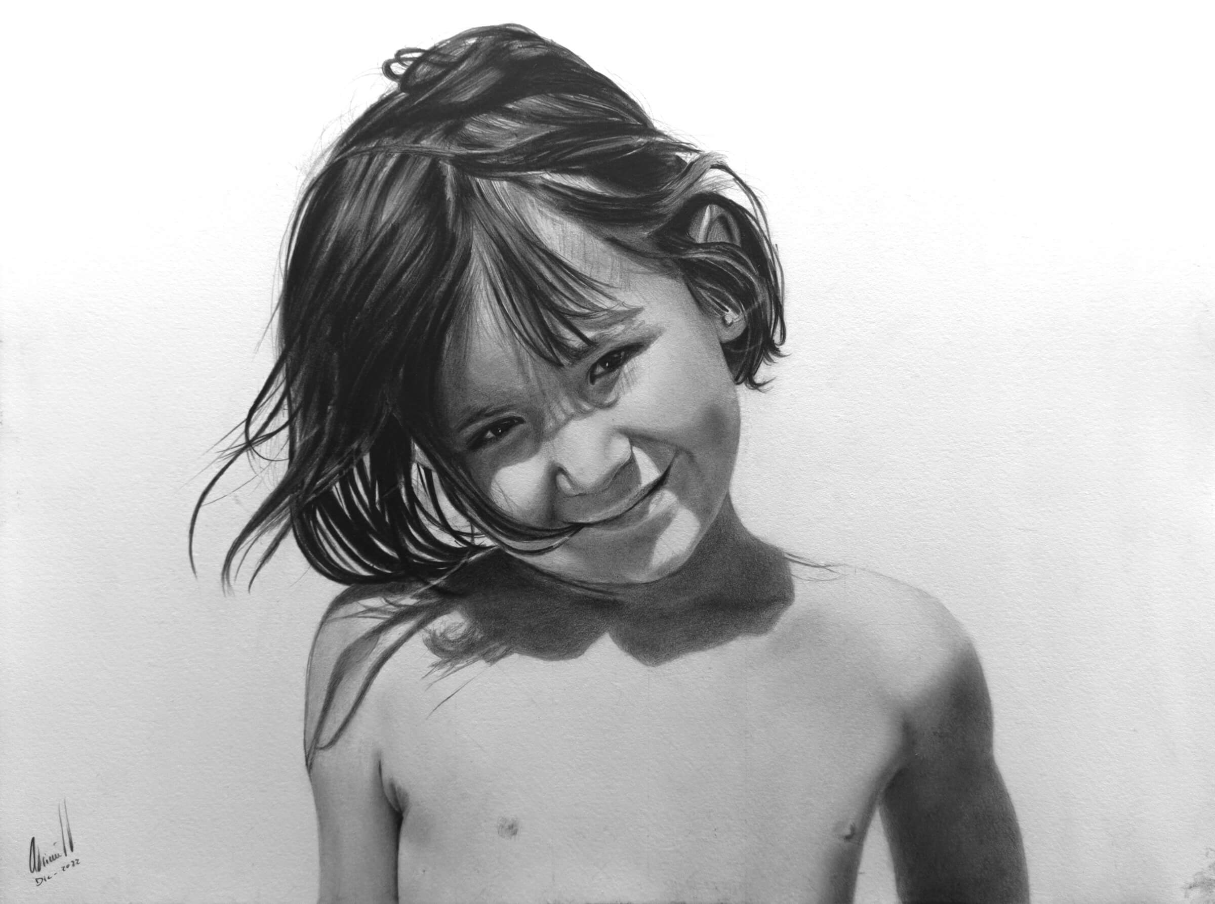 Dibujo realista a lápiz y carboncillo de una niña, retrato infantil expresivo Archivo