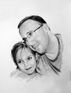 Retrato familiar por encargo a lápiz y carboncillo de padre e hija